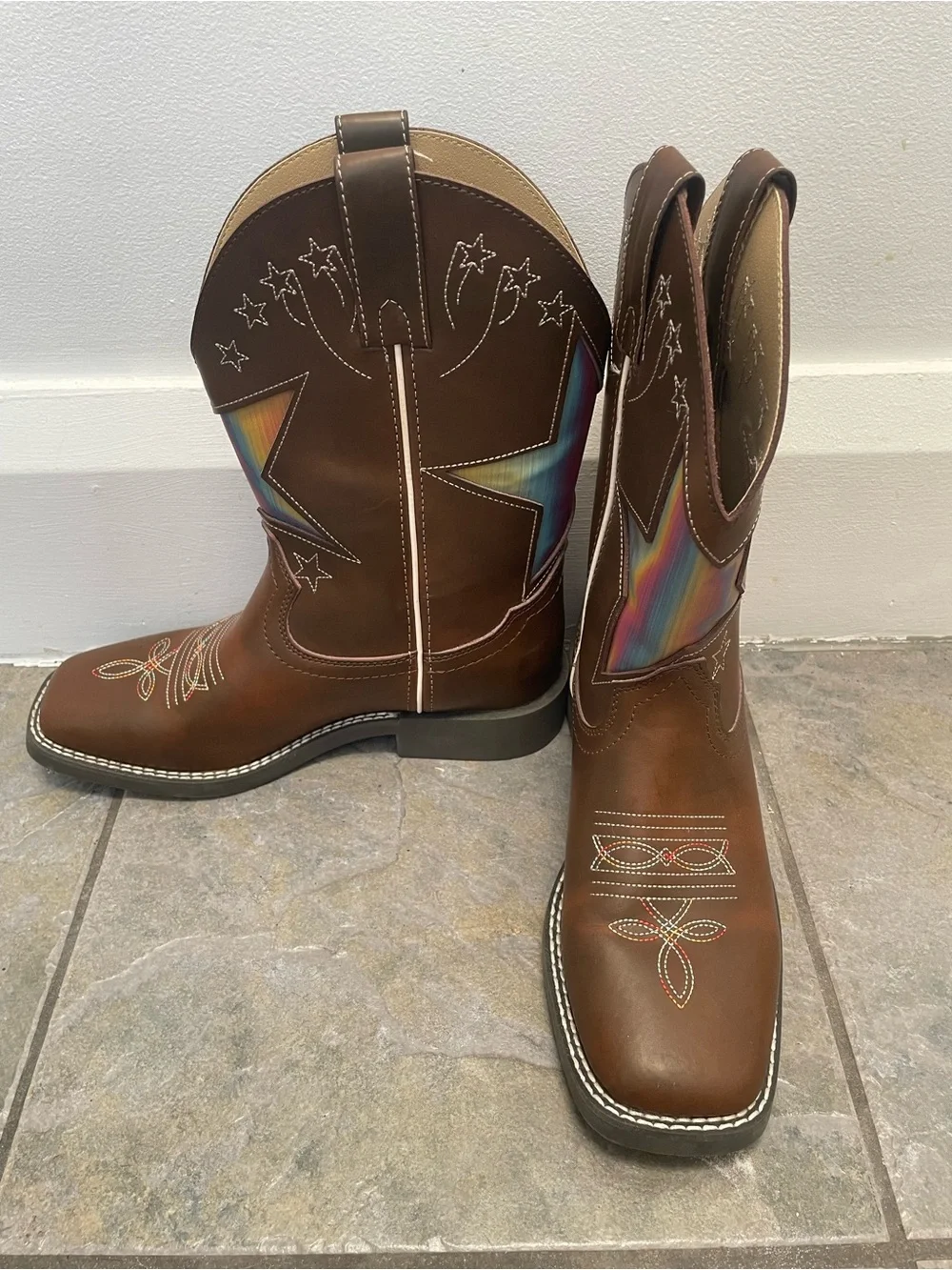 Shyanne Brown Kids Cowboy Boots with Rainbow Star Panels